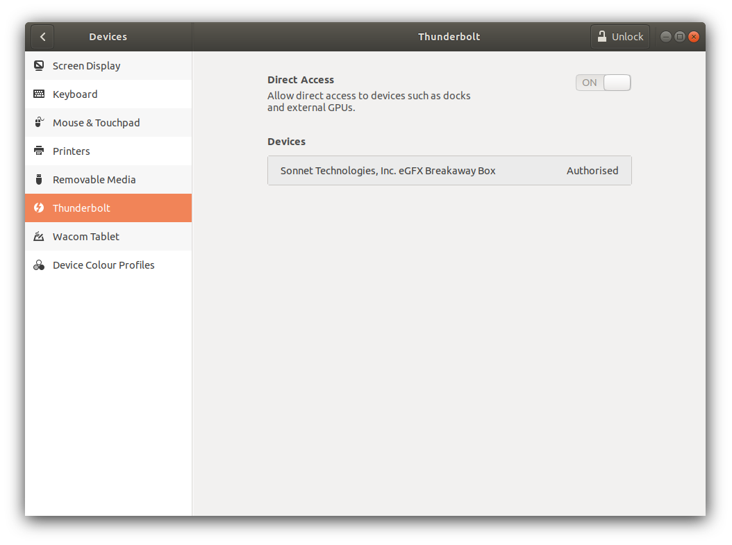 Output of thunderbolt devices screen